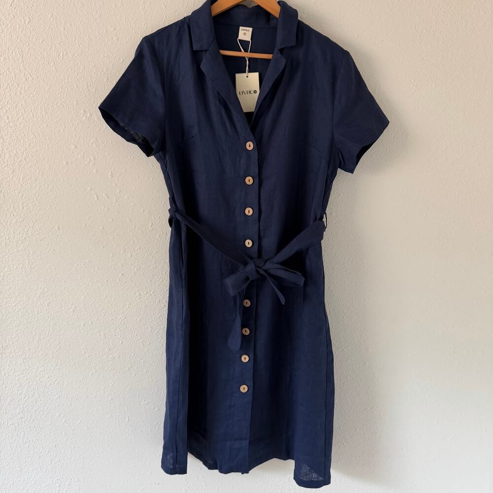 NEW Lintico 100% Linen V-Neck Button-Front Shirt Dress EILEEN Size Medium